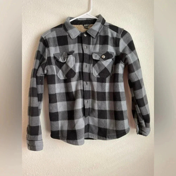 Eddie Bauer boys grey and black checkered button down teddy jacket size 10/12 - Picture 4 of 5